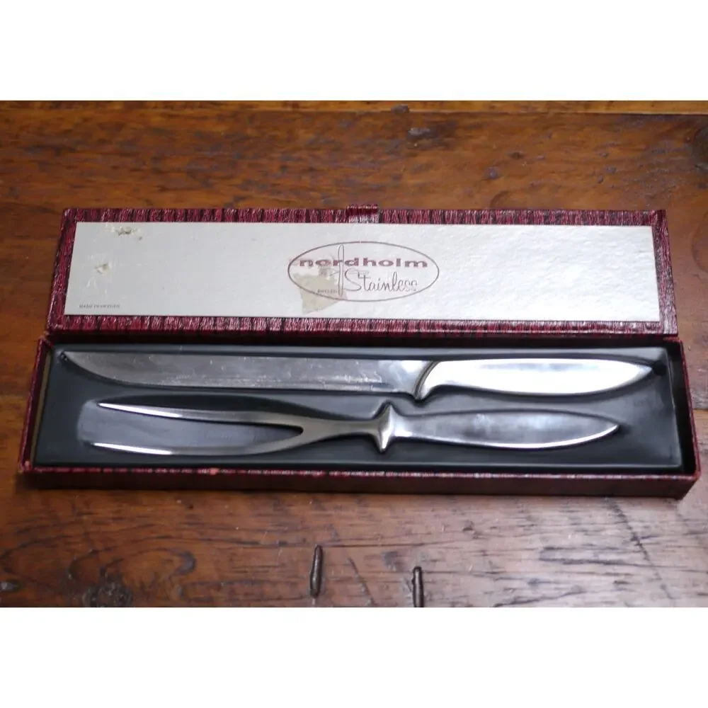 Vintage Mid Century Nordholm Sweden Stainless Steel Serving Carving Fork + Knife